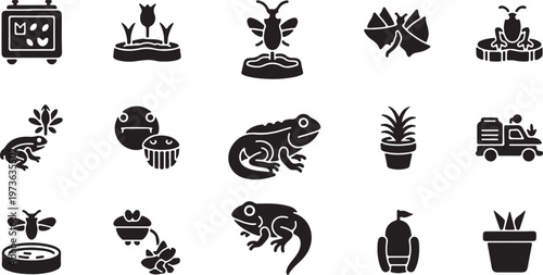Black silhouettes of garden wildlife and insects lizards