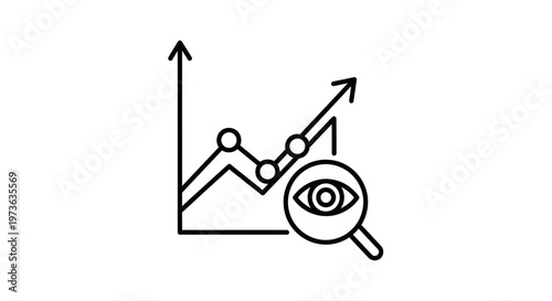 Business growth chart with magnifying glass and eye icon, financial analysis and data visualization