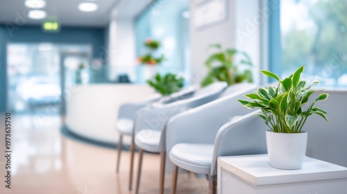 Bright, clean waiting room in a medical facility, featuring modern chairs, a reception desk, and a potted plant