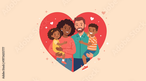 This flat design vector illustration beautifully captures a diverse family, including parents and children, warmly embraced within a heart shape, symbolizing unconditional love and unity. 