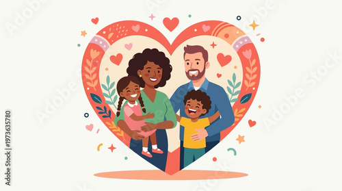 This flat design vector illustration beautifully captures a diverse family, including parents and children, warmly embraced within a heart shape, symbolizing unconditional love and unity. 