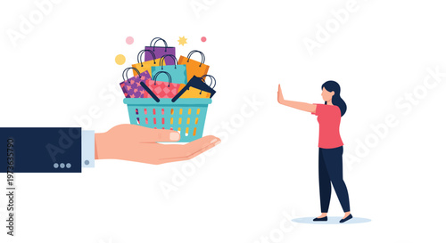 Conscious consumerism and anti-consumerism concept shows woman refusing basket full of shopping bags offered by giant corporate hand.