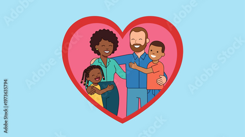 This flat design vector illustration beautifully captures a diverse family, including parents and children, warmly embraced within a heart shape, symbolizing unconditional love and unity. 