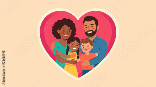 This flat design vector illustration beautifully captures a diverse family, including parents and children, warmly embraced within a heart shape, symbolizing unconditional love and unity. 