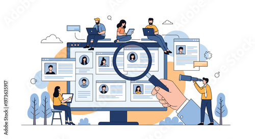 Online recruitment and human resources concept shows team of people reviewing job applications and resumes on large computer monitor.