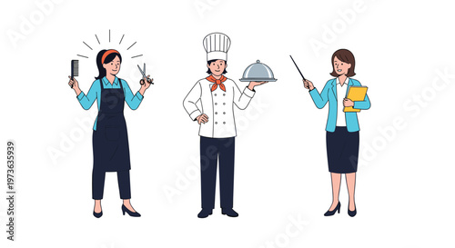 Diverse professional characters include female hairdresser, male chef with platter, and female teacher holding pointer against white.
