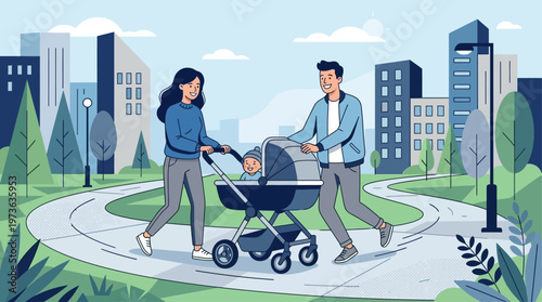 This modern flat design vector illustration depicts parents happily strolling with their baby in an urban setting, symbolizing daily family life and parental care. 