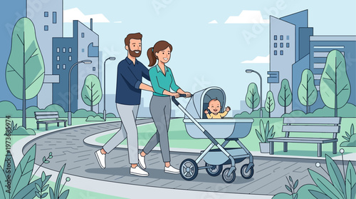 This modern flat design vector illustration depicts parents happily strolling with their baby in an urban setting, symbolizing daily family life and parental care. 
