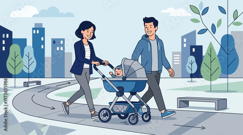 This modern flat design vector illustration depicts parents happily strolling with their baby in an urban setting, symbolizing daily family life and parental care. 