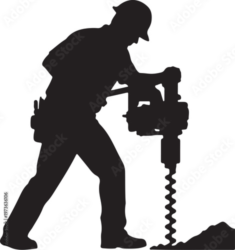 Silhouette of a Construction Worker Using a Power Auger Drill