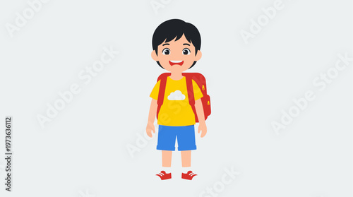 A bright and cheerful flat design illustration of a cute anime child with a wide smile, ready for adventure with a red backpack. Represents innocence and readiness.