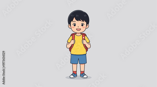 A bright and cheerful flat design illustration of a cute anime child with a wide smile, ready for adventure with a red backpack. Represents innocence and readiness.