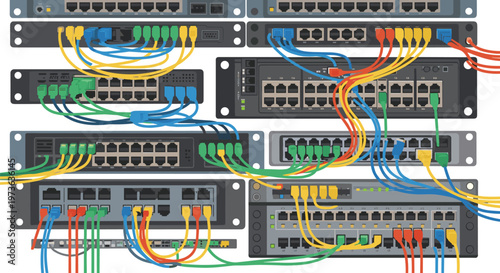 A dense network of server racks is interconnected by a chaotic web of vibrant multi-colored ethernet cables against a clean and bright white studio backdrop.