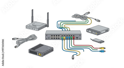 A central network switch connects to multiple peripheral devices and loose ethernet cables arranged neatly on a pristine white surface for technical display.