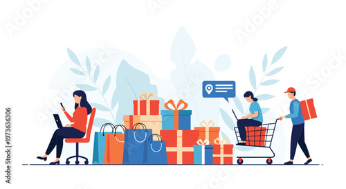 Group of people shopping online and managing a large pile of colorful gift boxes and shopping bags for a holiday sale event.