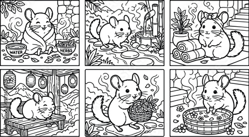 Cute smiling mouse wrapped in towel relaxing with steaming herbal tea holding flower basket enjoying outdoor garden spa vector art line drawing