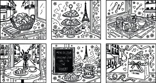 Black and white line art croissant bakery illustrations showing baskets plates coffee cups jars signs and paris eiffel tower view with floral decor and street scenes