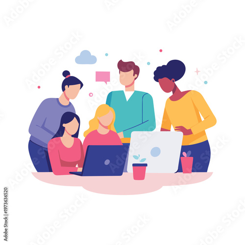 Diverse team collaborating on project, people working together, flat vector illustration