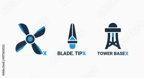Wind turbine components icons: propeller, blade tip, and tower base