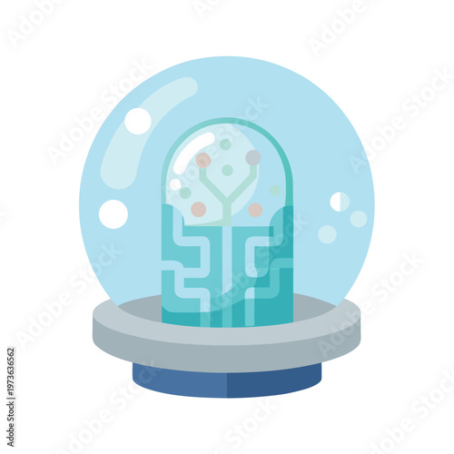 Transparent globe with glowing circuit board and abstract tree, future technology concept