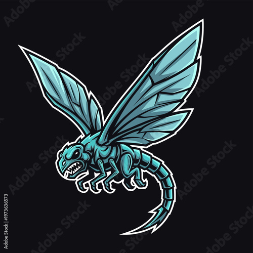 Fierce Dragon-like Insect Creature with Wings Flying.
