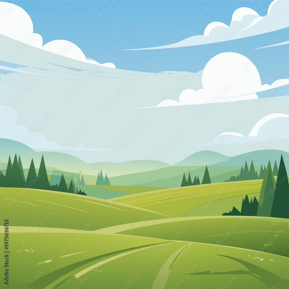 Obraz premium Scenic Green Hills And Clouds Cartoon Landscape