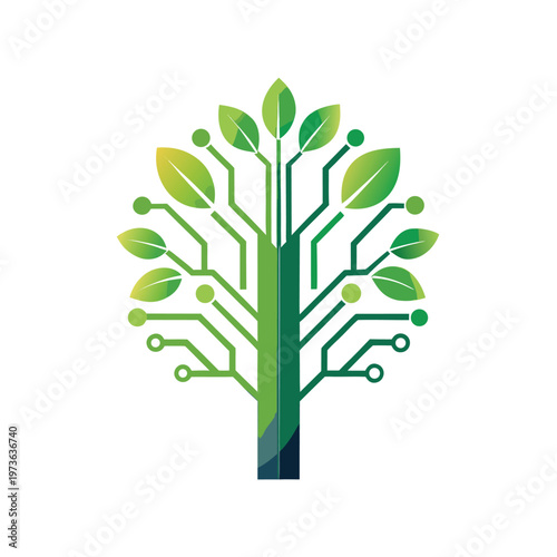 Digital tree concept with circuit board branches and green leaves for sustainable technology