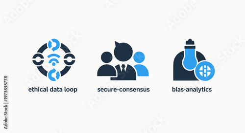 Ethical data, secure consensus, and bias analytics system icons