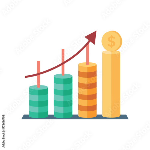 Financial growth graph with increasing bar chart and dollar coin on top, upward arrow