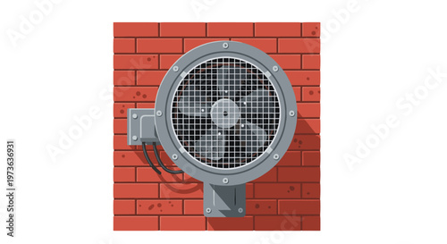 Circular industrial fan featuring a protective metal grid mounted firmly onto a vibrant red brick wall with visible black electrical wiring connections.