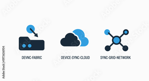 Device data sync cloud and network fabric icons for digital storage and secure connectivity