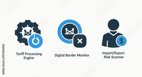 Tariff processing engine and import export task scanner icons for global trade and digital border monitoring