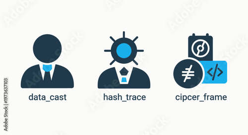 Icons for data seat, hash trace, and cipher frame representing data management, security, and coding concepts