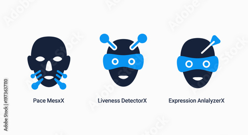 Icons for pace meas x, liveness dete x, and expression analy x representing biometric analysis, facial recognition, and emotion detection technologies