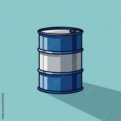 oil barrel illustration a blue oil drum with a long shadow on light blue symbolizing crude oil energy and industry.