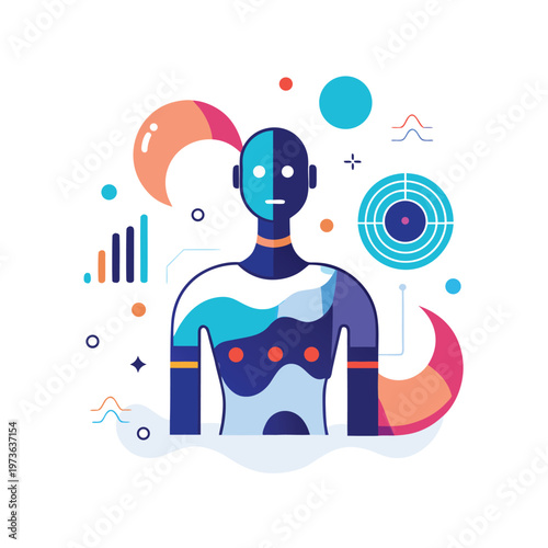 Artificial intelligence vector illustration with robot character and abstract data elements