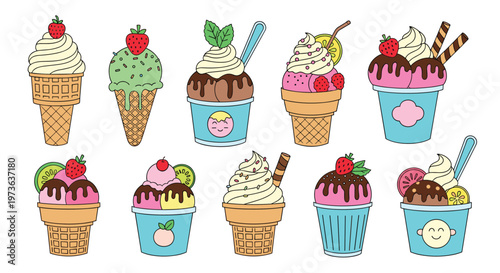 Collection of delicious ice cream desserts in cones and cups with various toppings like chocolate, berries, and mint.