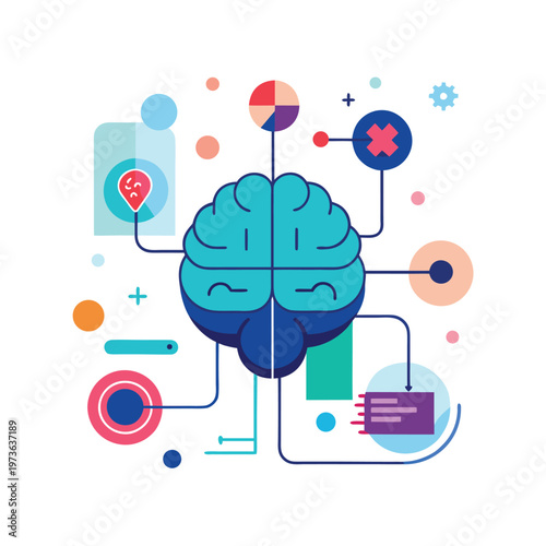 Conceptual human brain illustration connected to data points and analytical symbols for logic