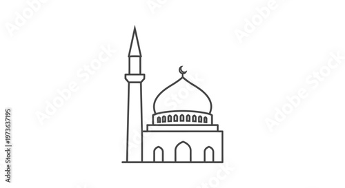 simple line art illustration of a mosque an islamic religious building with a minaret and dome a spiritual architecture icon.