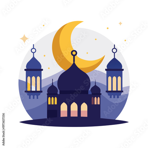 Mosque and crescent moon illustration representing ramadan, eid, and islamic culture