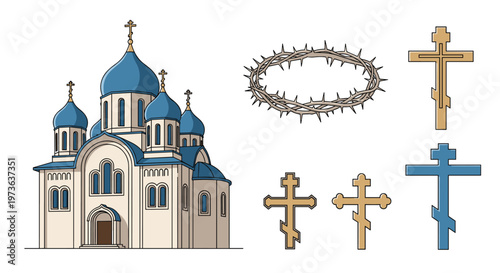Traditional orthodox church building and religious symbols including a crown of thorns and several styles of crosses.