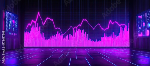 Dynamic Neon Pink Data Visualization in Futuristic Cyber Room with Blue Grid