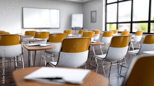 Modern classroom interior featuring rows of desks and chairs, a whiteboard, and natural light streaming through large windows
