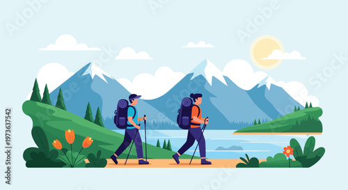 Two hikers with backpacks trekking along a scenic mountain trail with a beautiful lake and sunny sky in the background.
