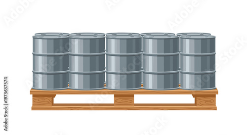 Row of silver metal drums is neatly arranged on a wooden pallet against a plain white background in this clean industrial storage and logistics shot.