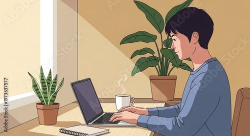 Young man working on laptop at home desk with plants and coffee