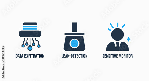 Cybersecurity data exfiltration and sensitive information leak detection monitoring icons