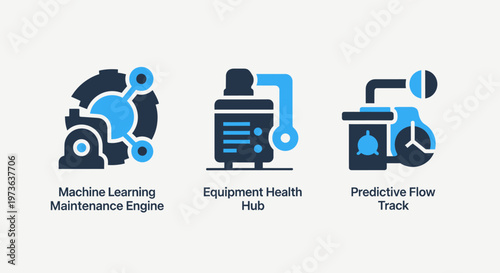 Industrial predictive maintenance icons for machine learning engine diagnostics, equipment health hub monitoring, and predictive flow tracking for factory automation
