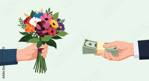 Hand giving a vibrant bouquet of flowers to another person in exchange for a large stack of paper currency money bills.
