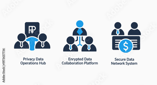 Cybersecurity and collaborative data protection icons illustrating a privacy operations hub encrypted collaboration platform and secure financial data network